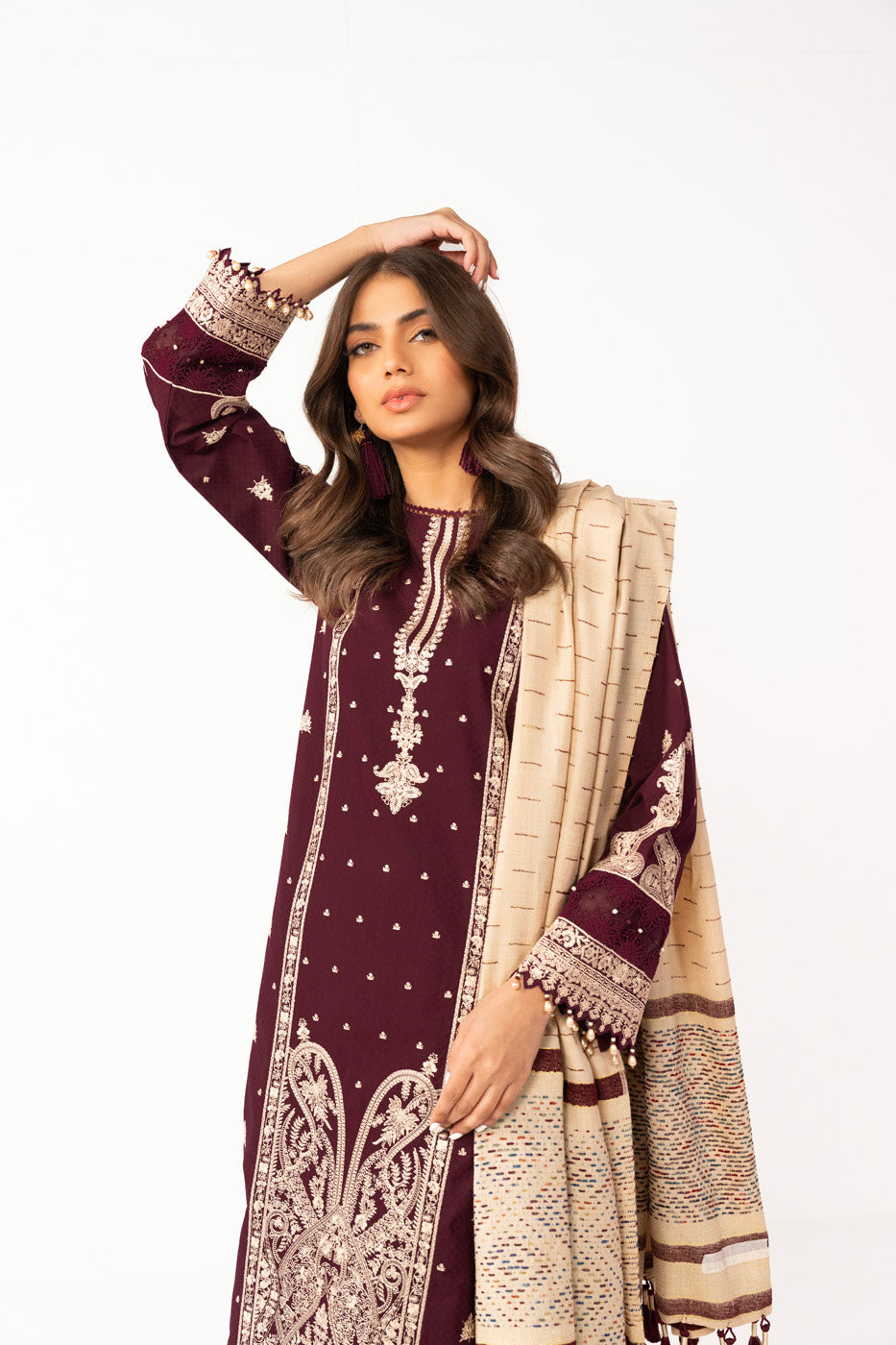 3 Pc Embroidered Dobby Suit With Woven Shawl