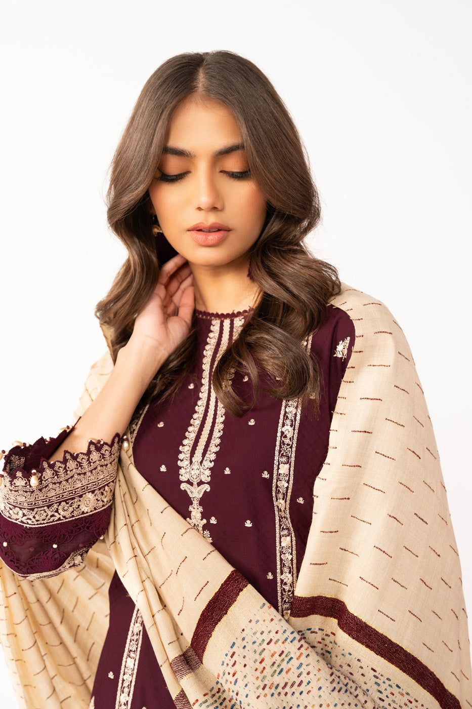 3 Pc Embroidered Dobby Suit With Woven Shawl