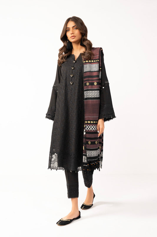 3 Pc Embroidered Viscose Suit With Woven Shawl