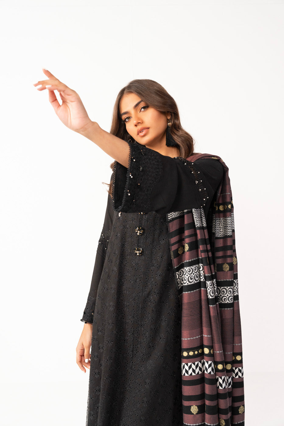 3 Pc Embroidered Viscose Suit With Woven Shawl