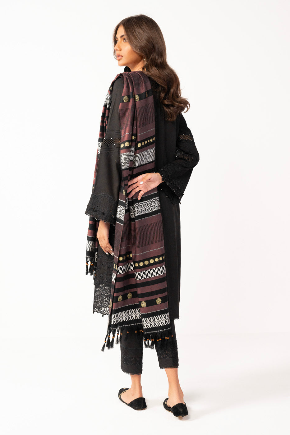 3 Pc Embroidered Viscose Suit With Woven Shawl