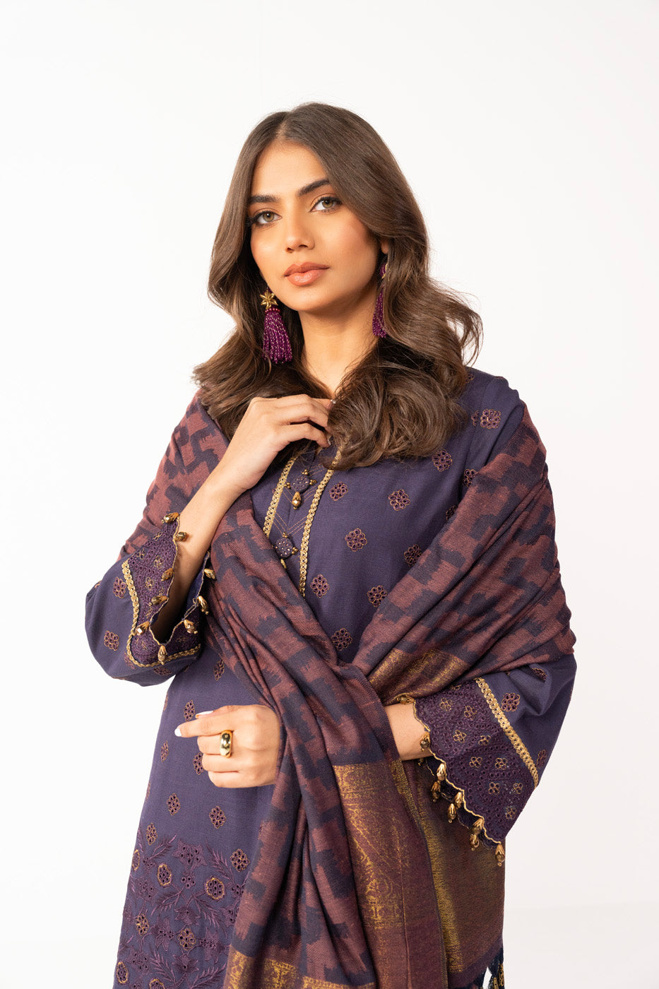 3 Pc Embroidered Khaddar Suit With Woven Shawl