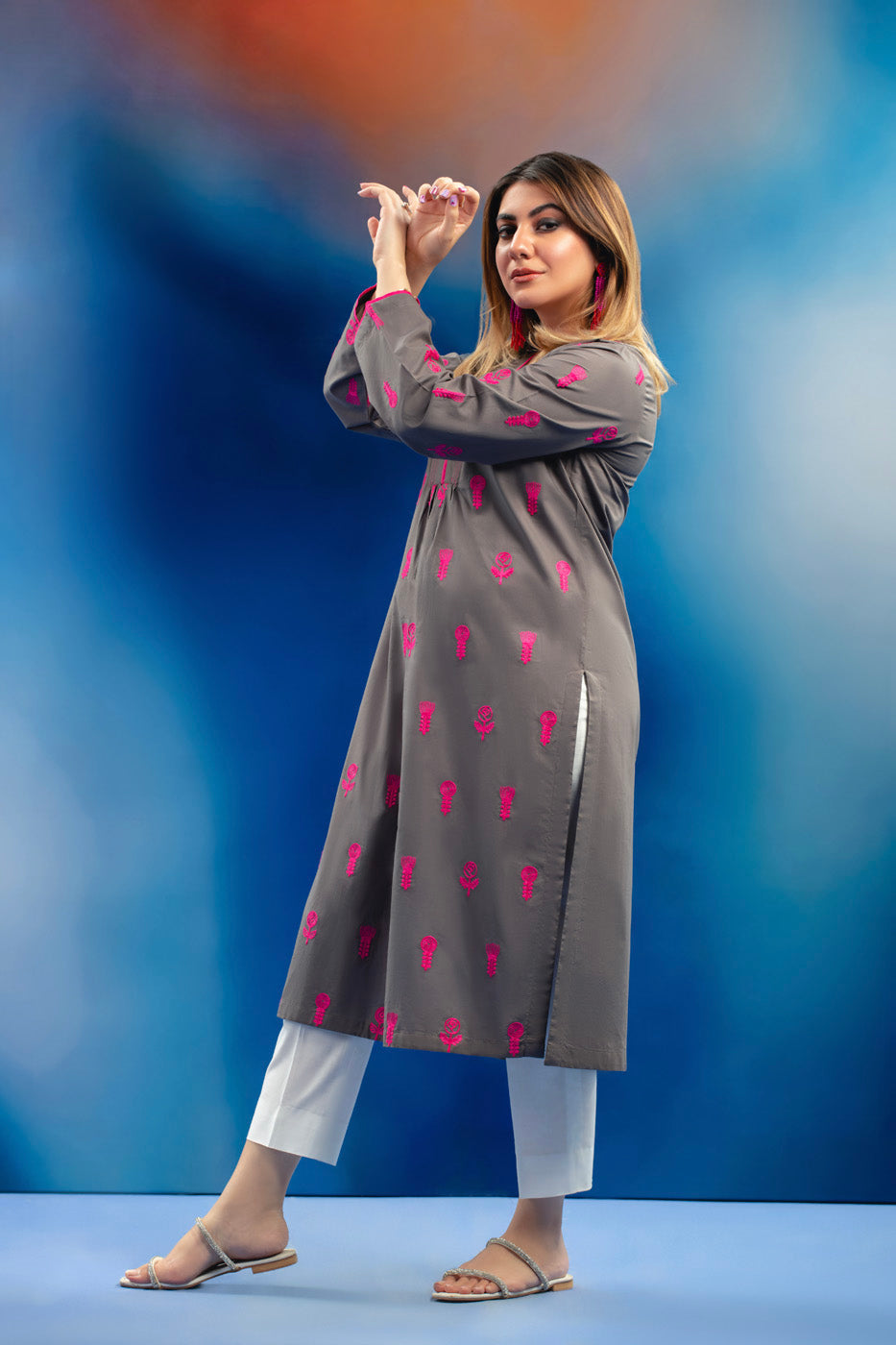 Dyed Embroidered Cambric Kurti