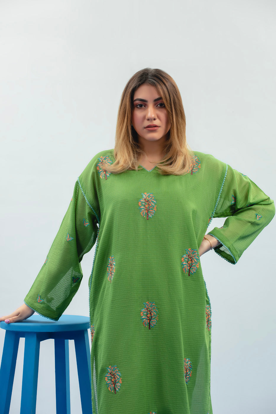 Dyed Embroidered Dobby Kurti