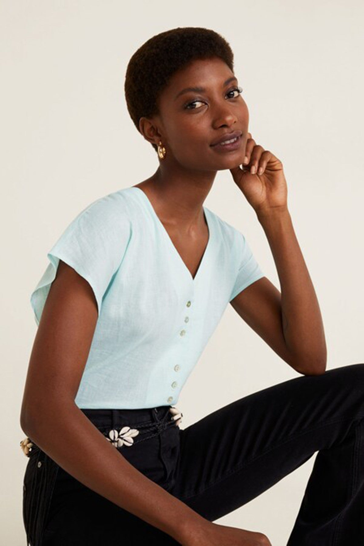 Button Linen-Blend Blouse