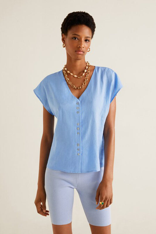 Button Linen-Blend Blouse
