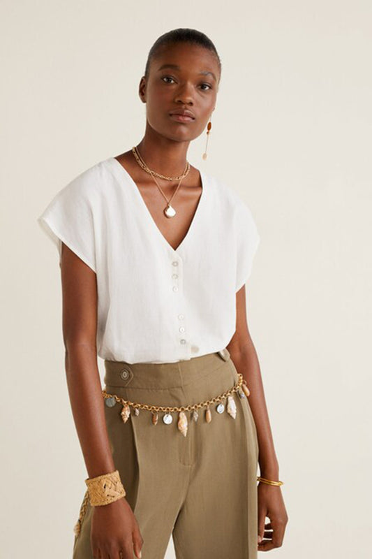 Button Linen-Blend Blouse