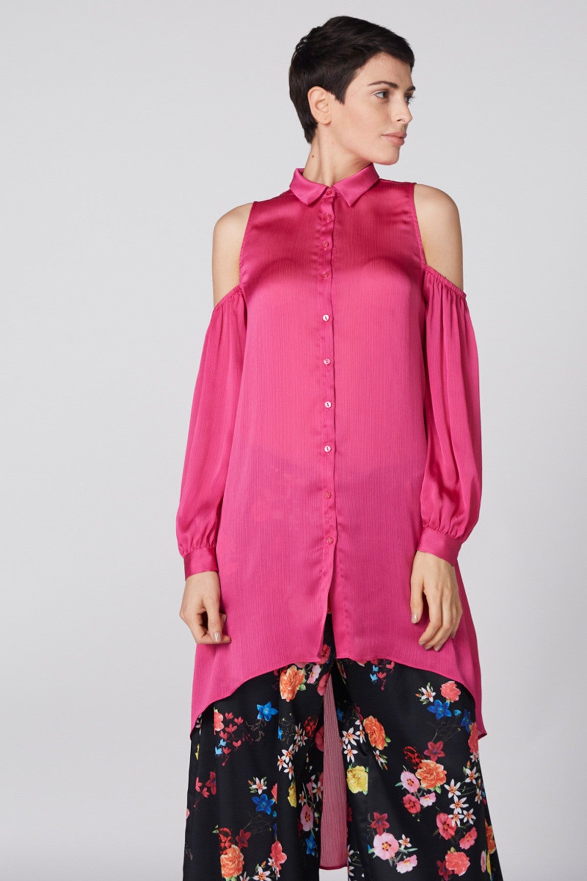 Cold Shoulder Shirt with High-Low Hem and Complete Placket