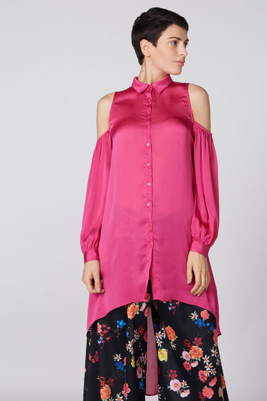 Cold Shoulder Shirt with High-Low Hem and Complete Placket