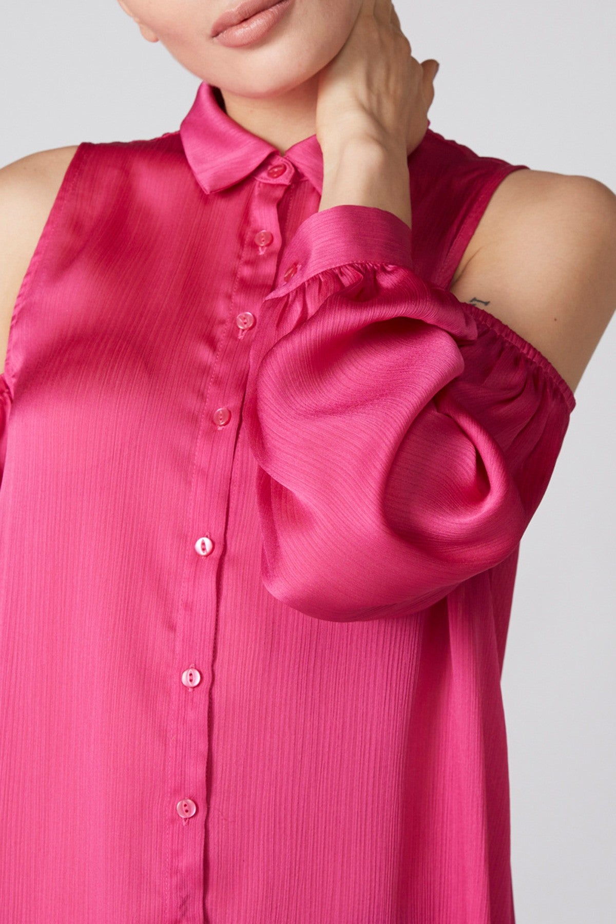 Cold Shoulder Shirt with High-Low Hem and Complete Placket