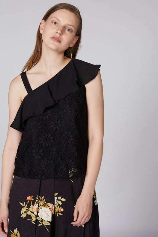 Lace Detail One Shoulder Top with Ruffle Detail