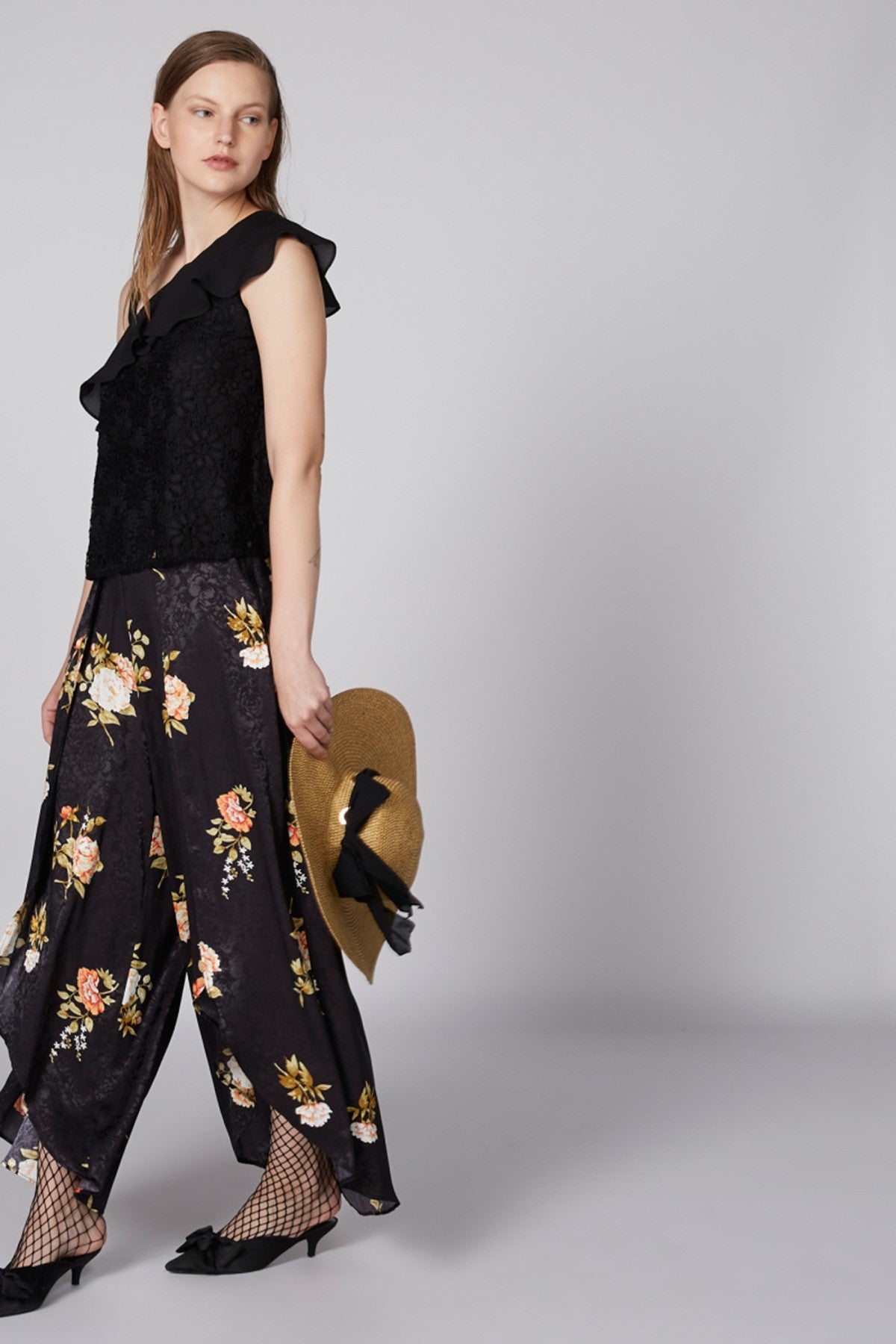 Lace Detail One Shoulder Top with Ruffle Detail