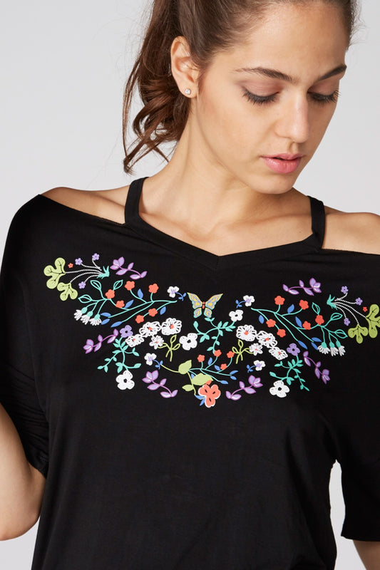 Printed Top with Short Sleeves and Sweetheart Neck