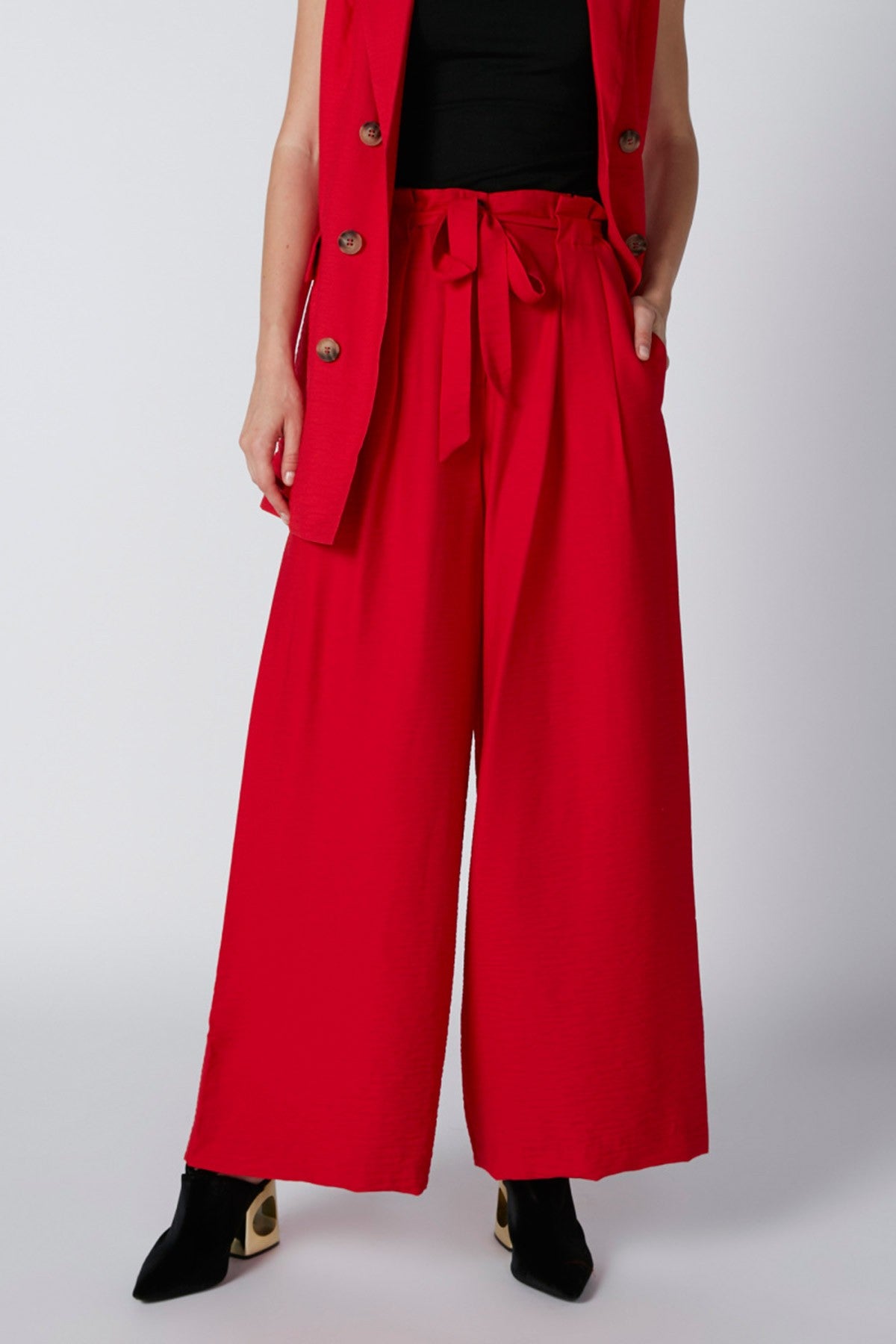 Pocket Detail Palazzo Pants with Tie Up Belt