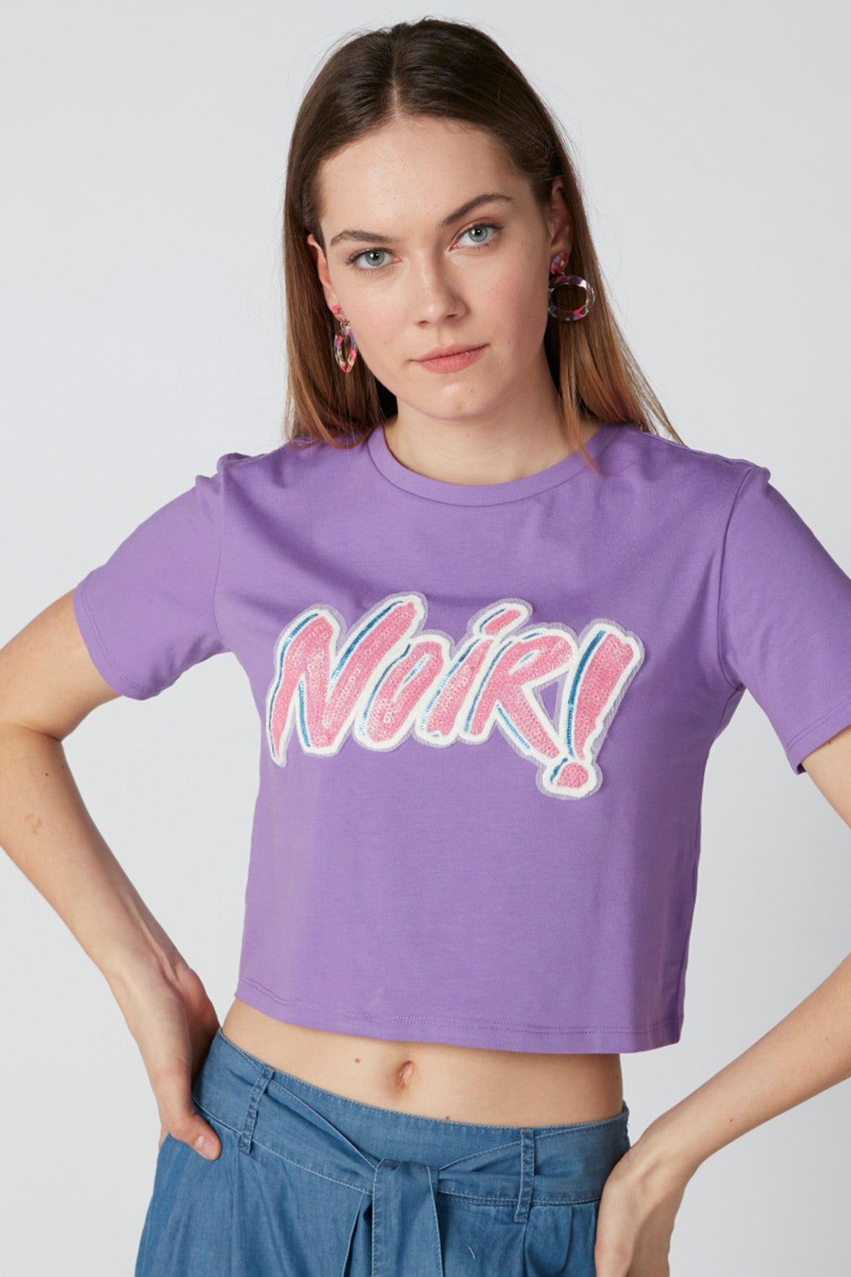 Noir Patch Detail Crop Top with Short Sleeves