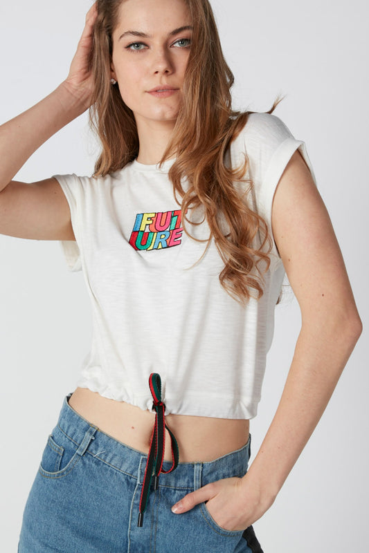 Printed Crop-Top with Round Neck and Tie Up