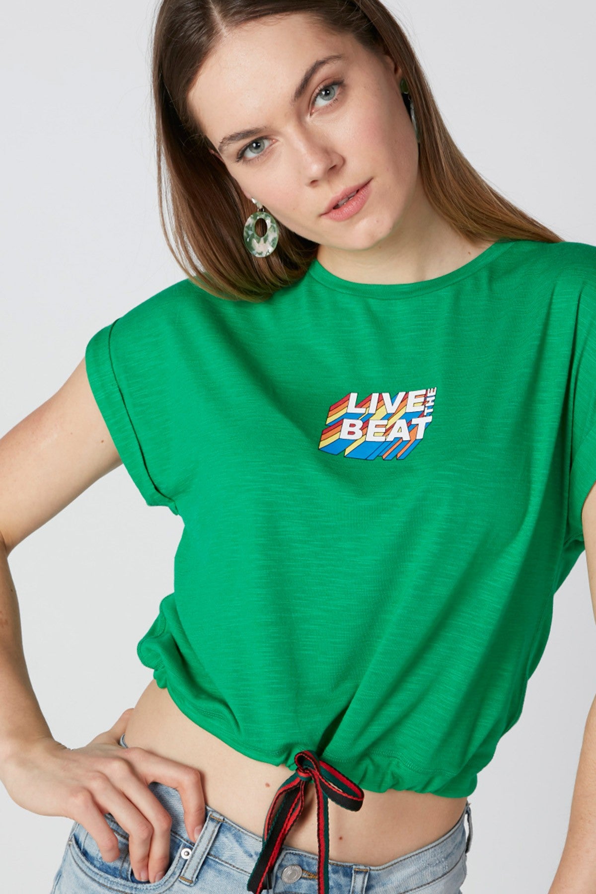 Printed Crop Top with Crew Neck and Tie Up Detail
