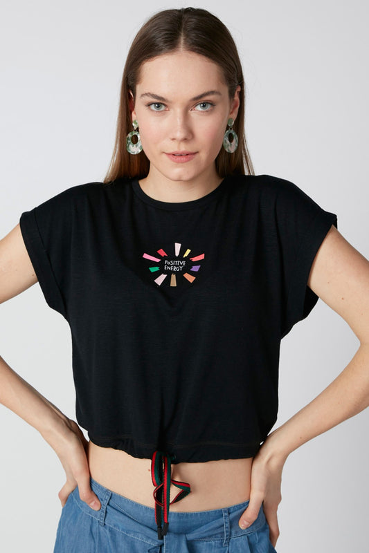 Printed Crop Top with Extended Cap Sleeves and Tie Up
