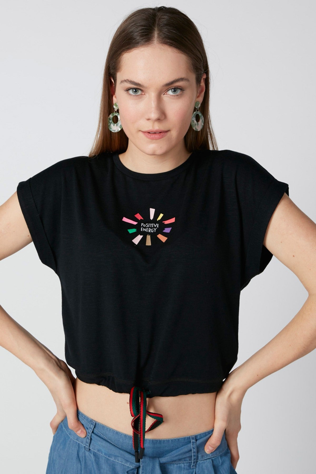 Printed Crop Top with Extended Cap Sleeves and Tie Up