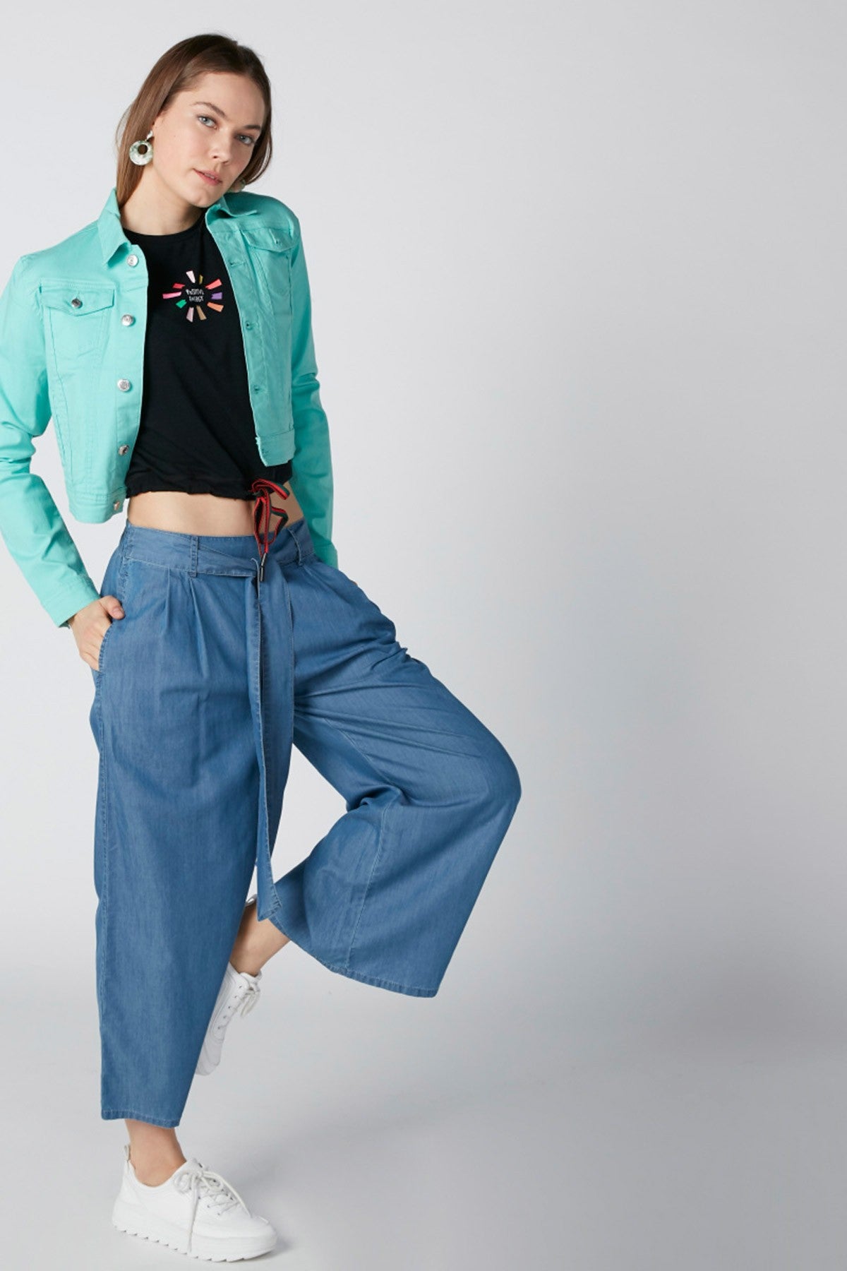 Printed Crop Top with Extended Cap Sleeves and Tie Up