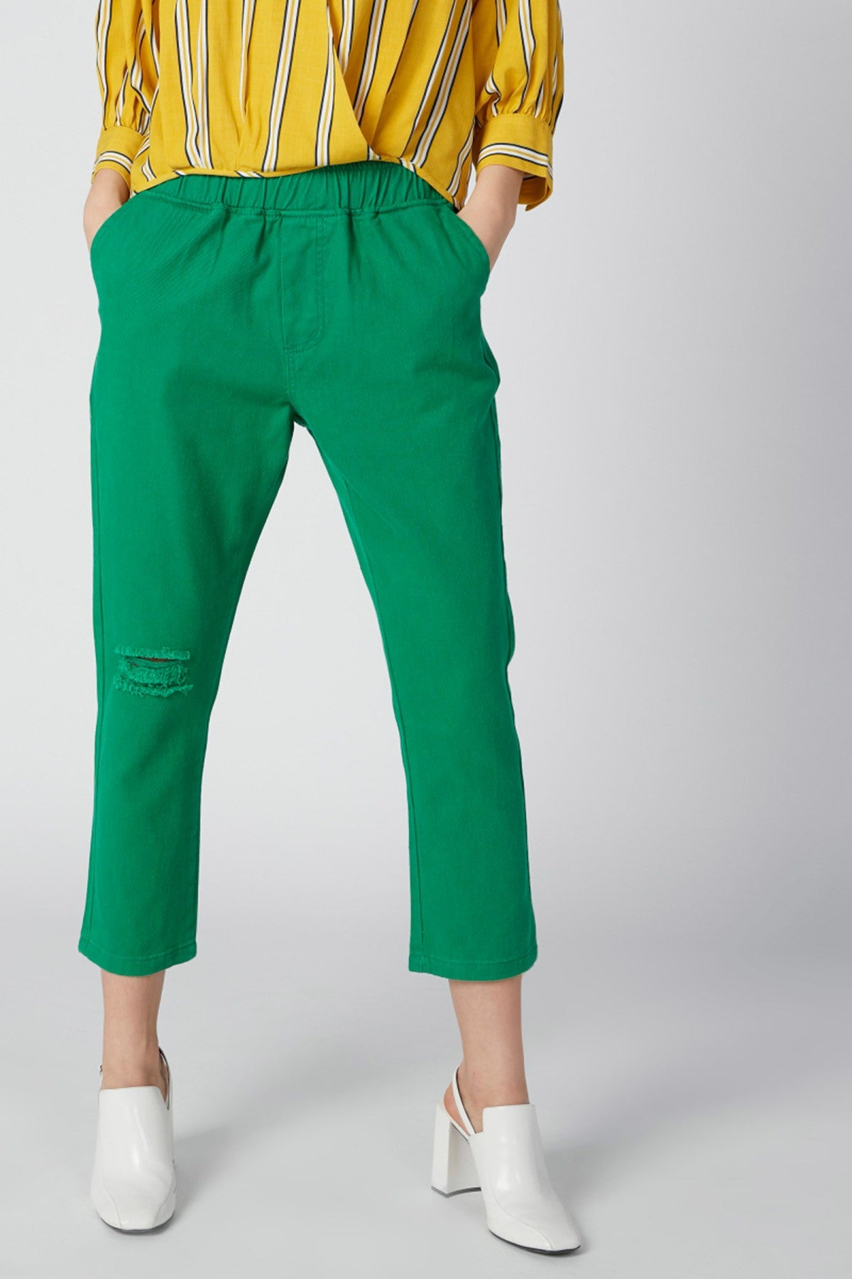 Cropped High-Rise Distressed Pants with Pocket Detail