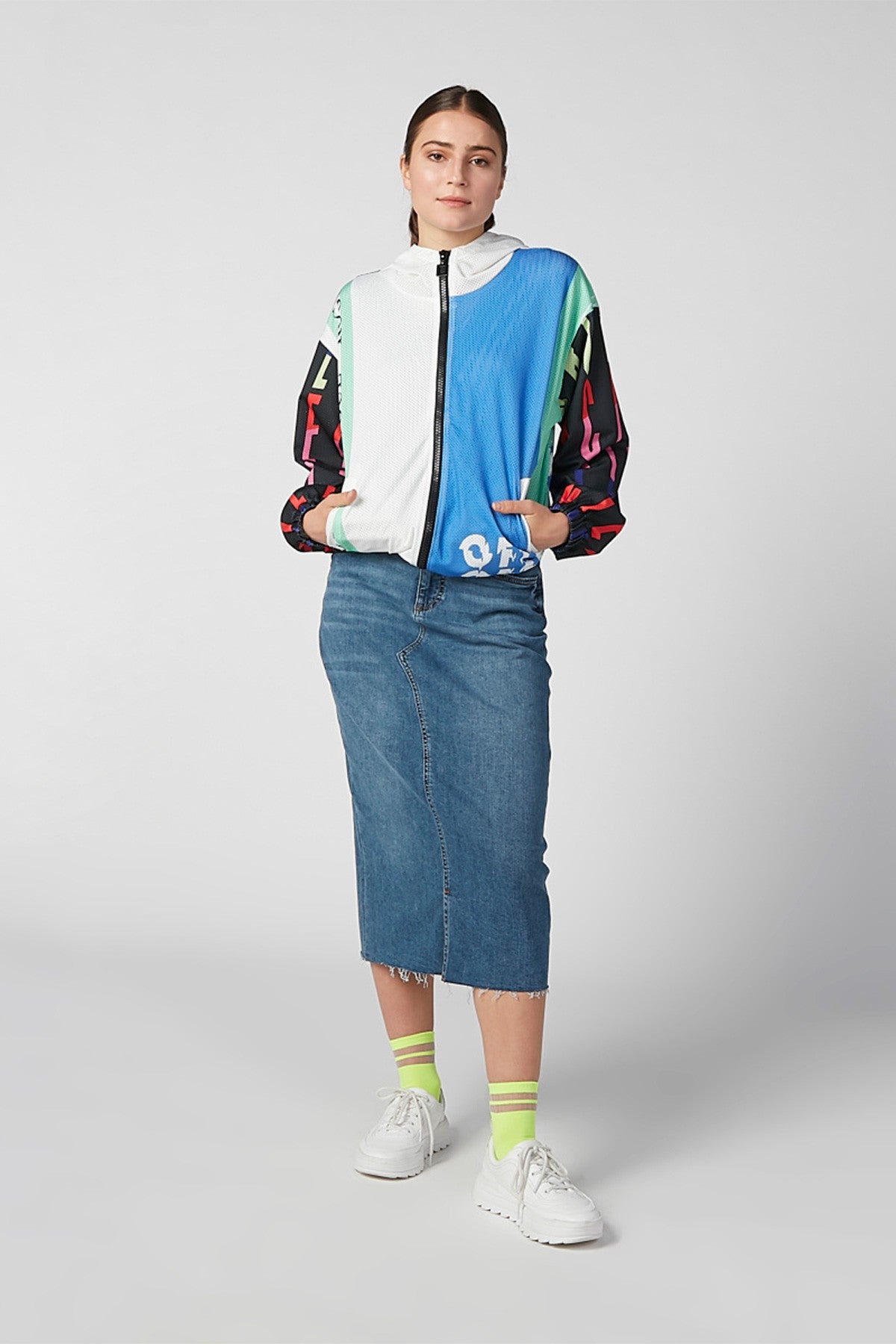 Printed Bomber Jacket with Long Sleeves and Kangaroo Pocket