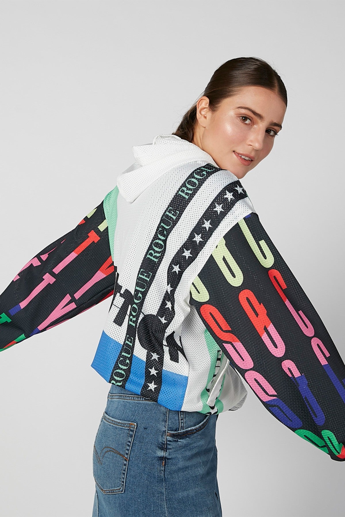 Printed Bomber Jacket with Long Sleeves and Kangaroo Pocket