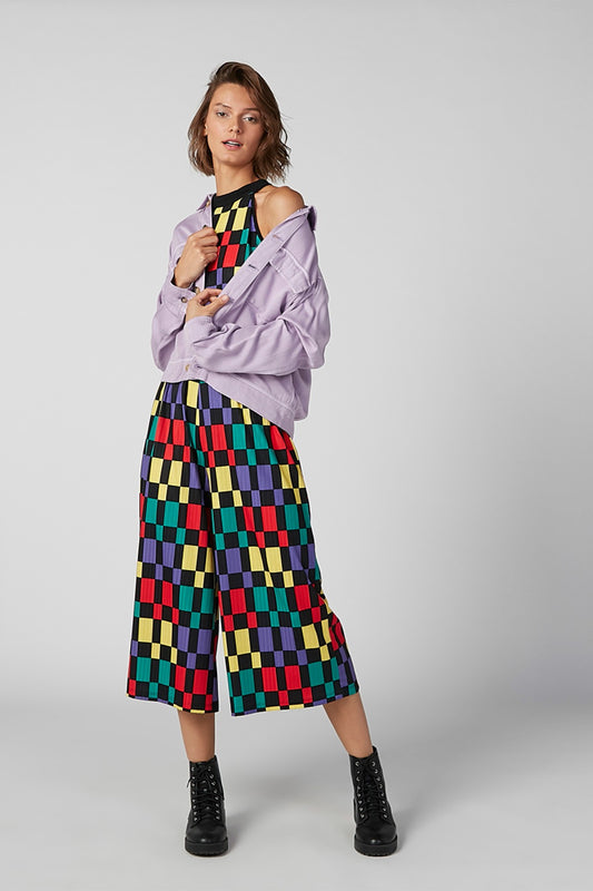 Chequered Sleeveless Jumpsuit with High Neck