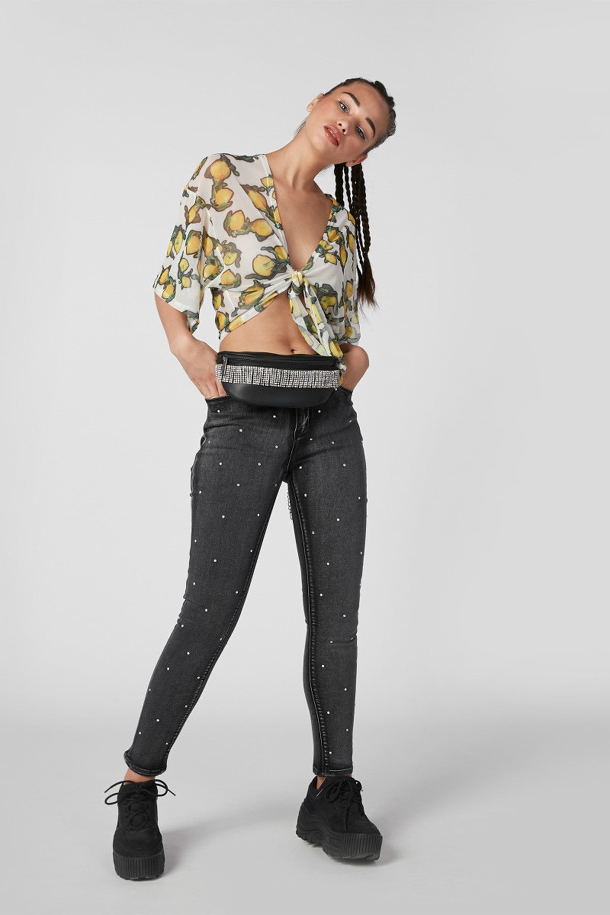 Wide Fit Full Length Mid Waist Jeans with Pocket and Stud Detail