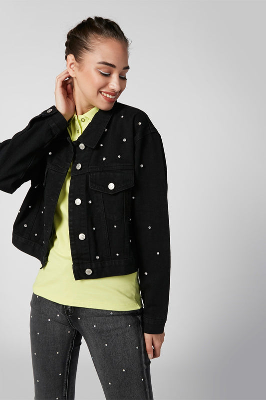 Embellished Denim Jacket with Long Sleeves and Flap Chest Pockets