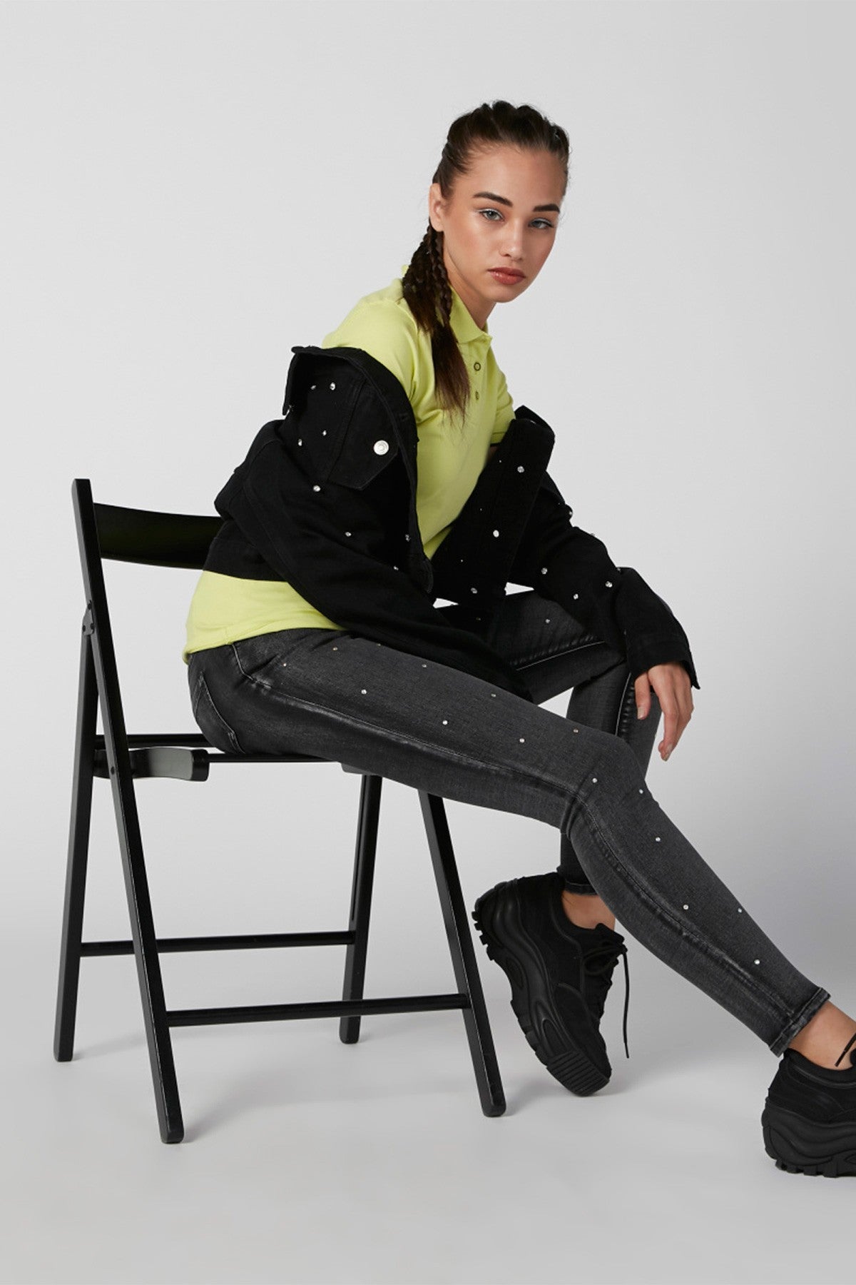 Embellished Denim Jacket with Long Sleeves and Flap Chest Pockets