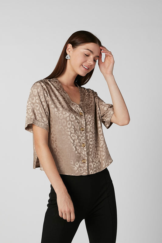 Textured Crop Shirt with V-neck and Short Sleeves