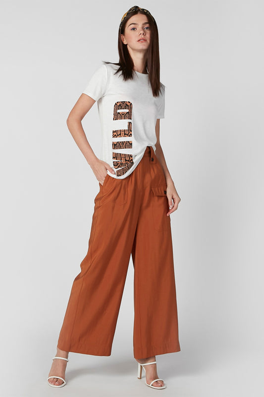 Wide Fit Plain Mid Waist Palazzo Pants with Pocket Detail