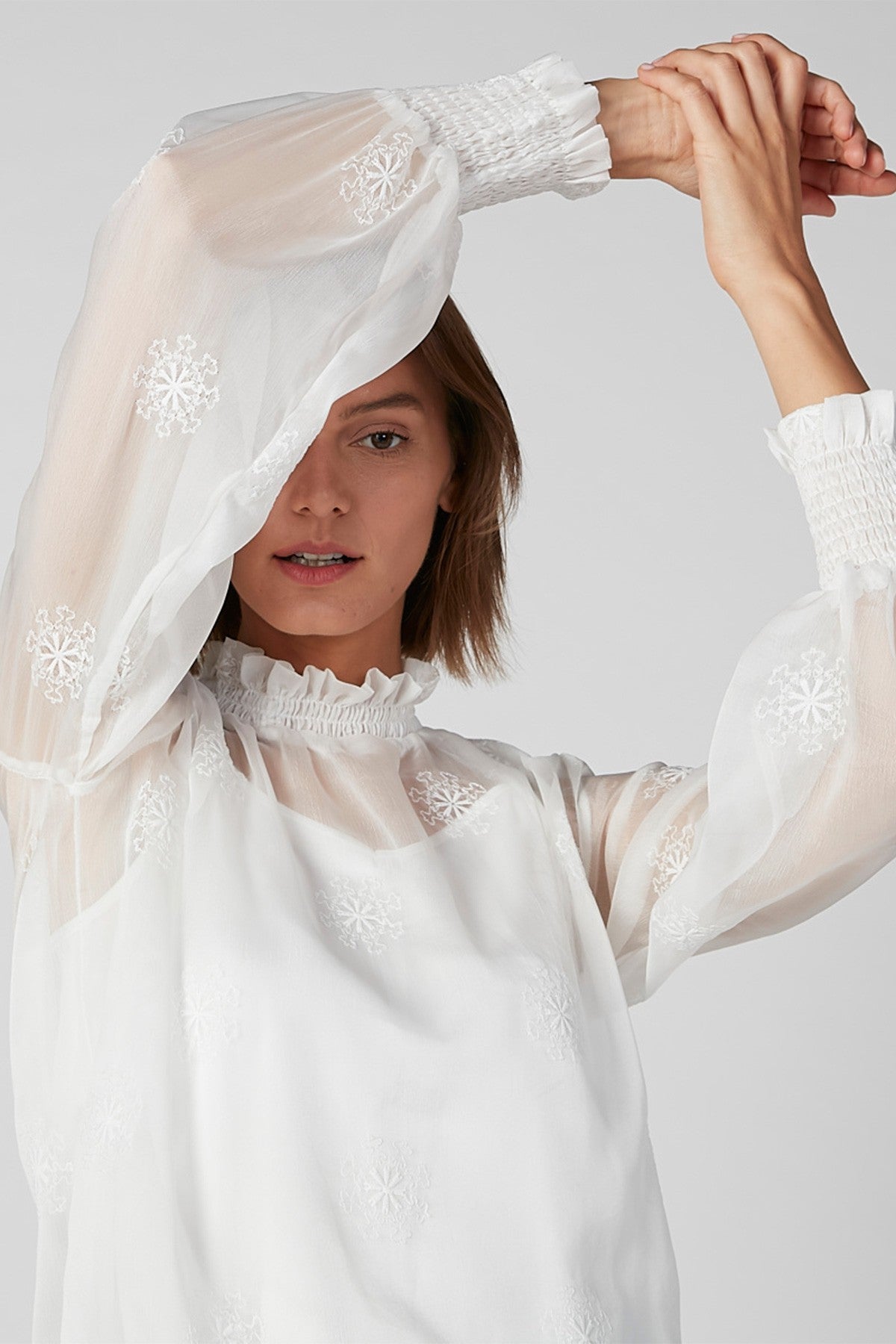 Embroidered Sheer Top with High Neck and Elasticated Sleeve Hems