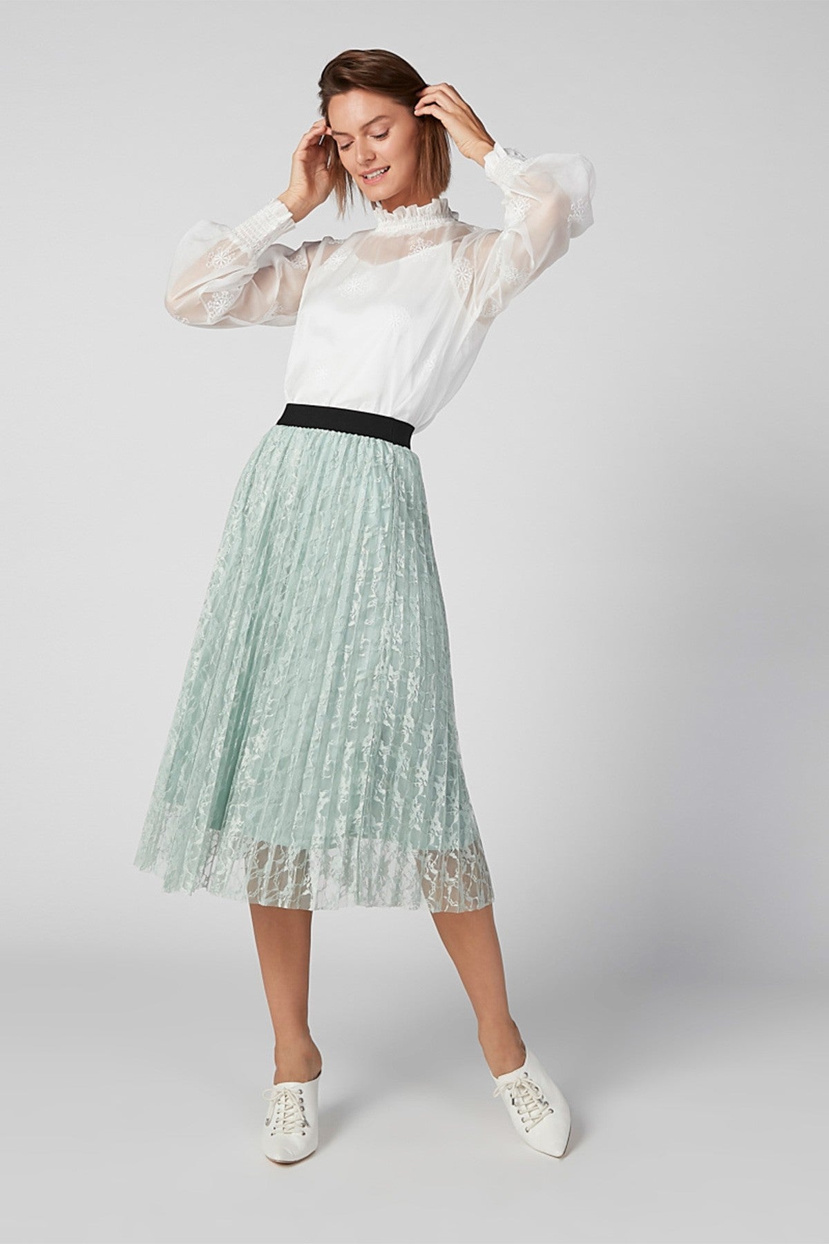 Embroidered Sheer Top with High Neck and Elasticated Sleeve Hems