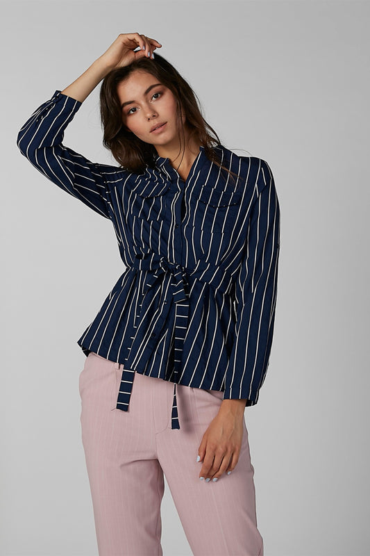 Striped Long Sleeves Shirt with Mandarin Collar and Tie Ups