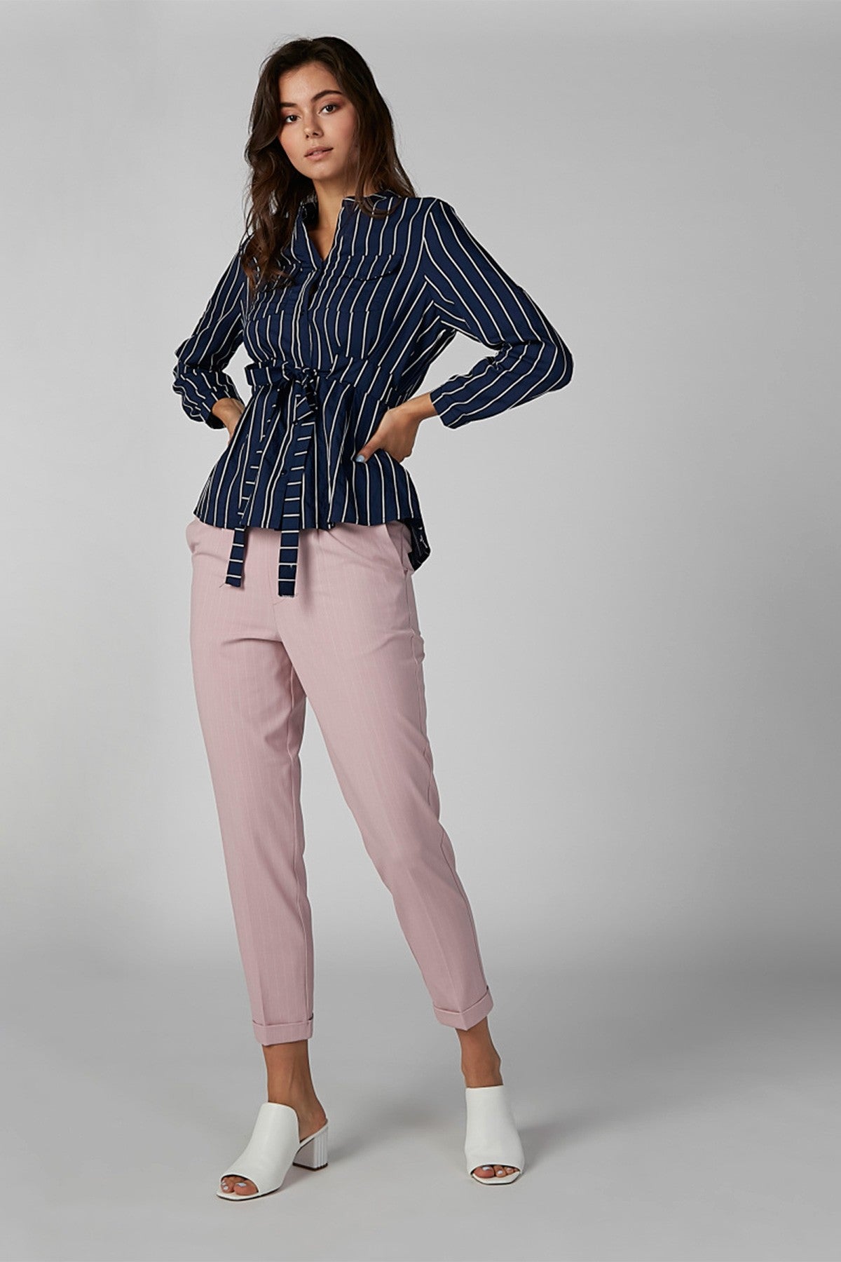 Striped Long Sleeves Shirt with Mandarin Collar and Tie Ups