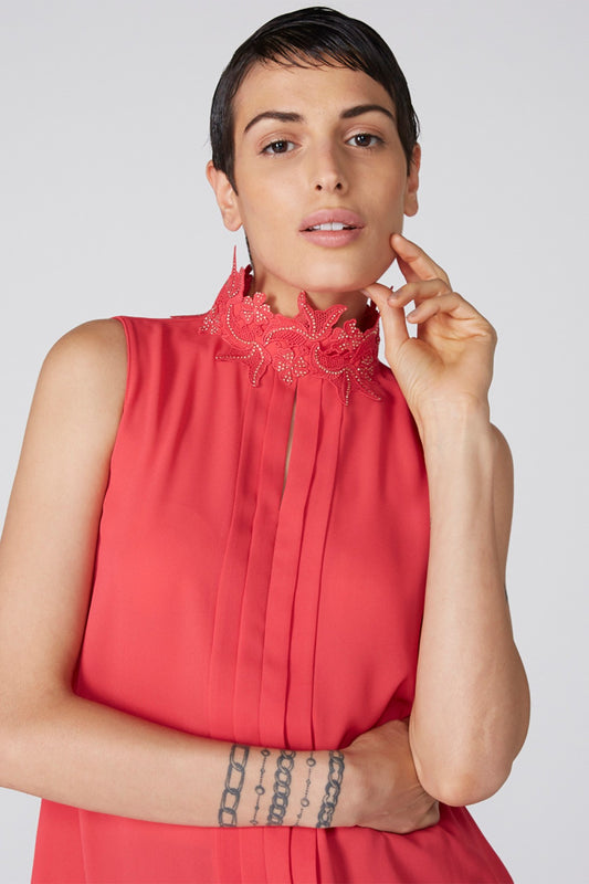 Sleeveless Top with Lace Detail High Neck