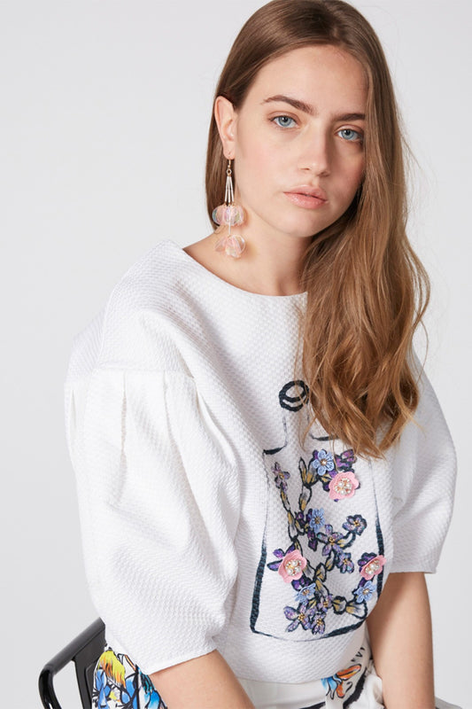 Printed Crop Top with Round Neck and Balloon Sleeves