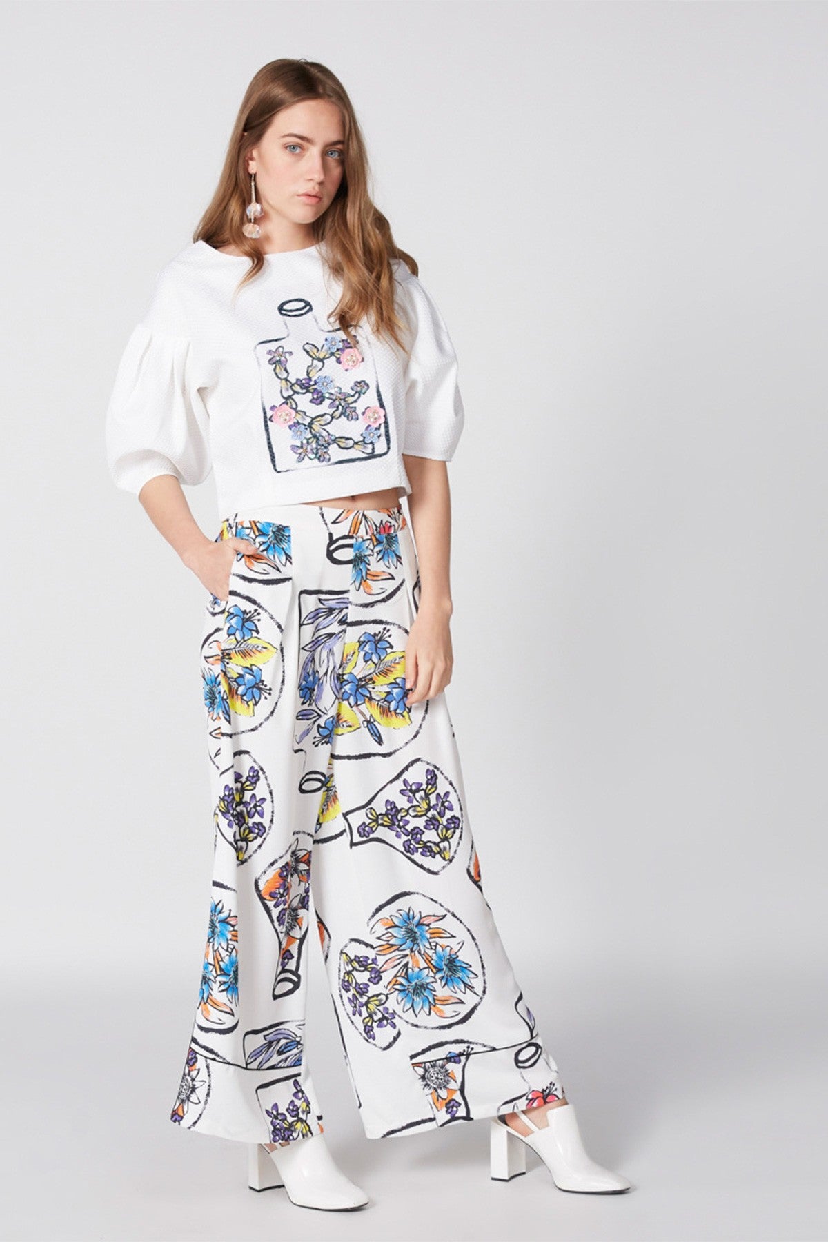 Printed Crop Top with Round Neck and Balloon Sleeves