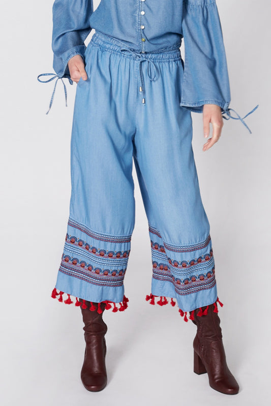 Embroidered Culottes with Elasticized Waistband and Drawstring