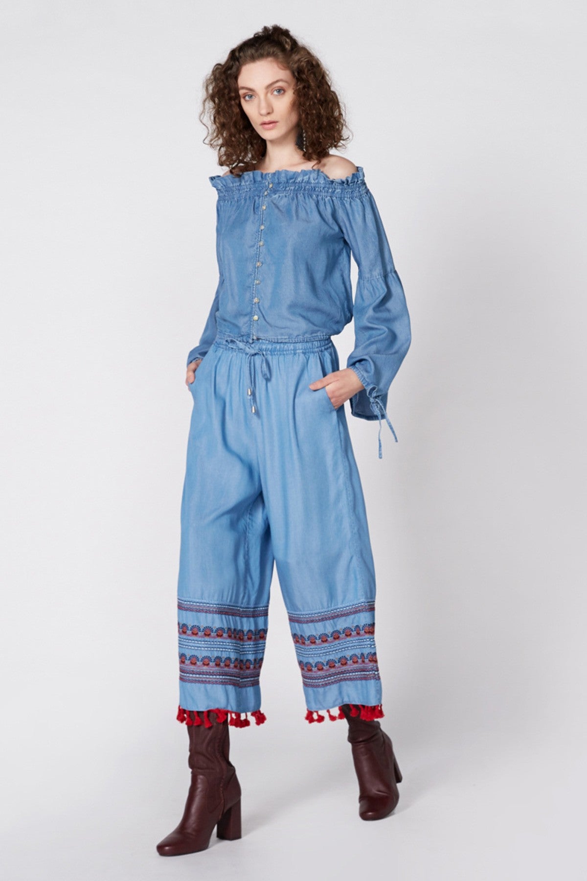 Embroidered Culottes with Elasticized Waistband and Drawstring