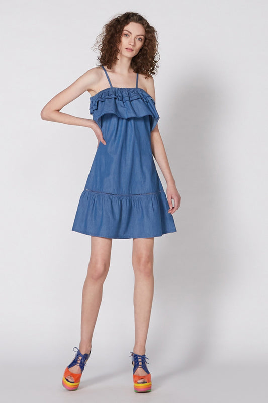 Denim Mini Dress with Spaghetti Straps and Ruffle Detail
