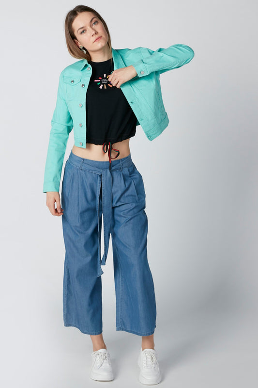 Pocket Detail Denim Palazzo Pants with Belt