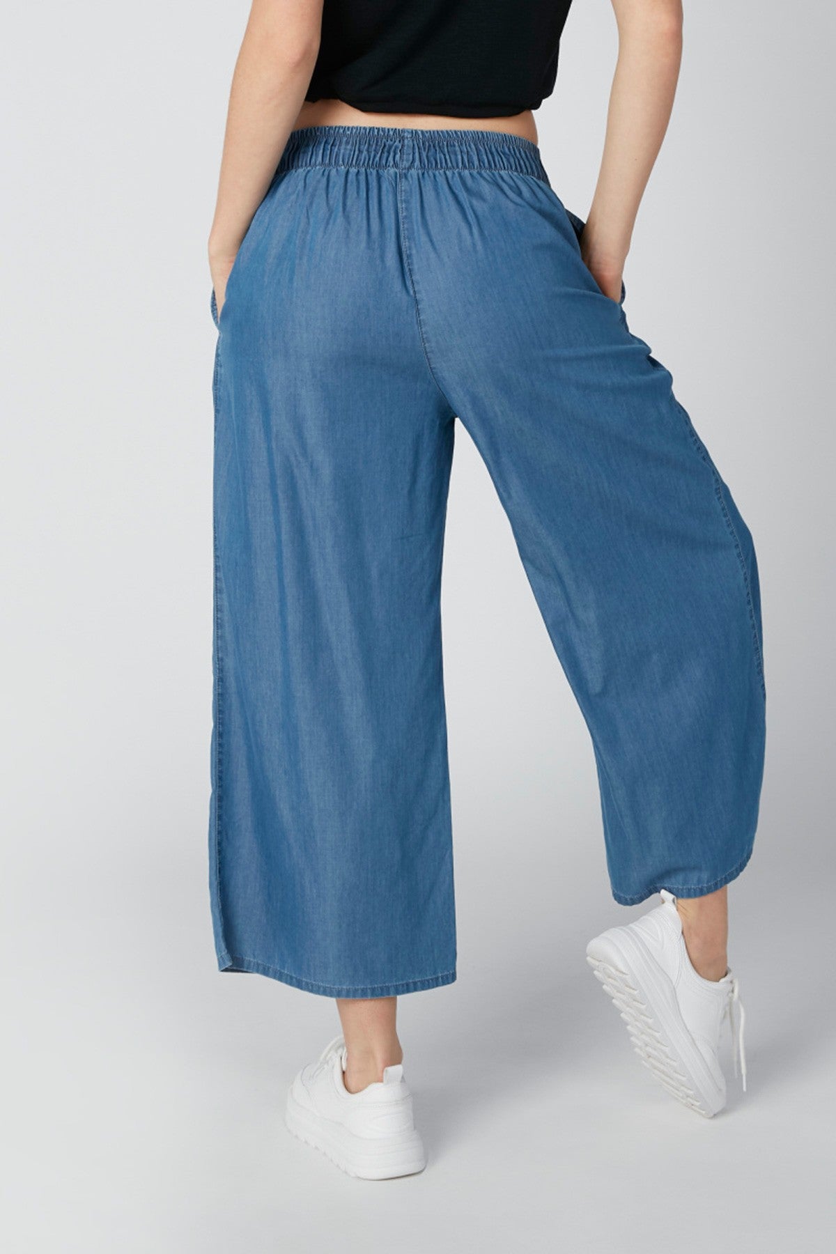Pocket Detail Denim Palazzo Pants with Belt