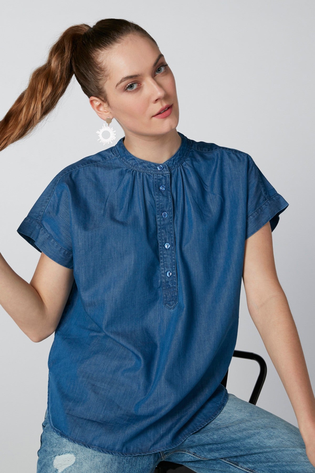 Mandarin Collar Blouse with Extended Sleeves