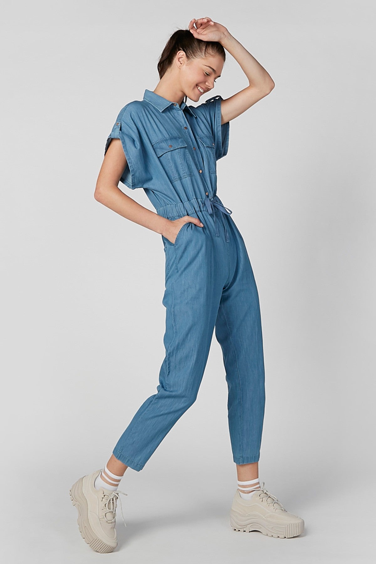 Skinny Fit Denim Jumpsuit with Pocket Detail and Extended Sleeves