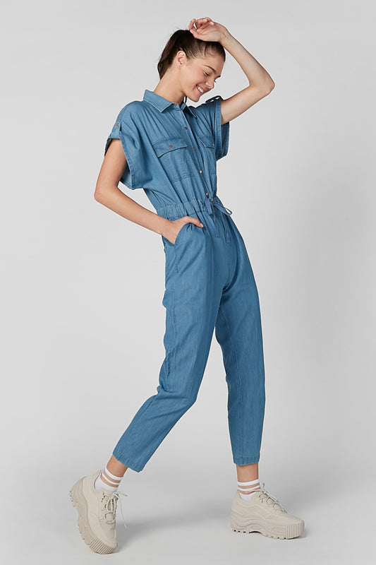 Skinny Fit Denim Jumpsuit with Pocket Detail and Extended Sleeves