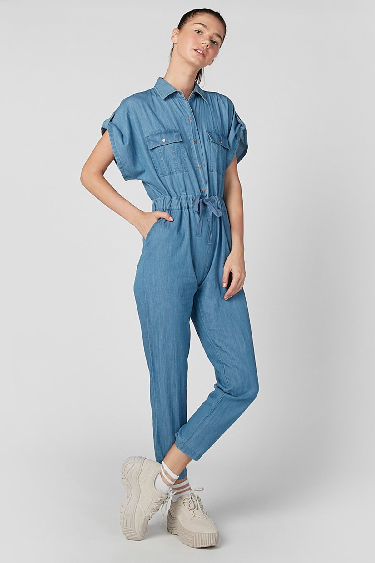 Skinny Fit Denim Jumpsuit with Pocket Detail and Extended Sleeves