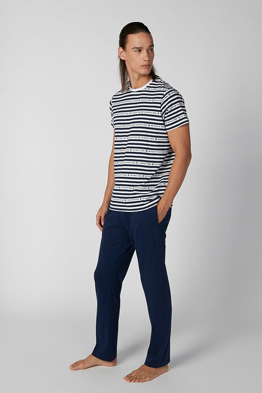 Striped Round Neck T-shirt and Plain Pyjama Set